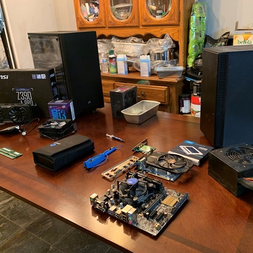 PC parts and cases on desk